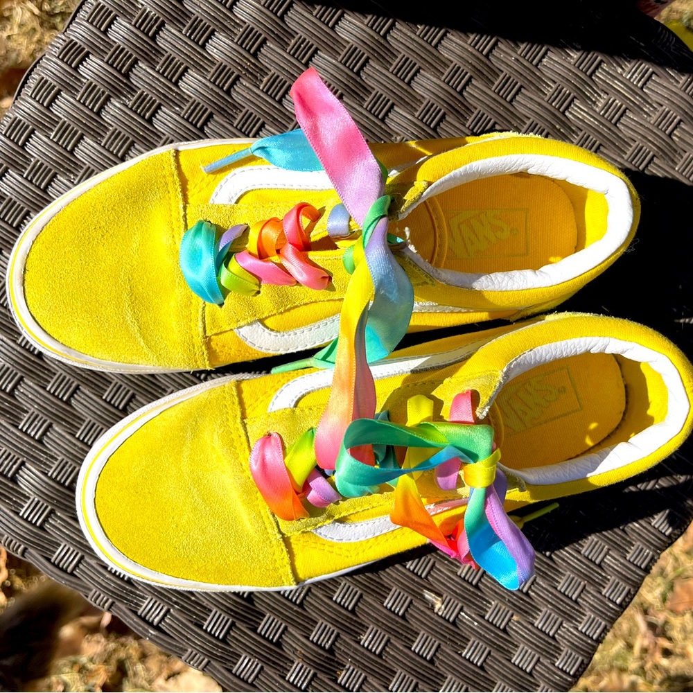 Vans tennis shoes. Girls with rainbow shoe lace. Used like new. Size 4